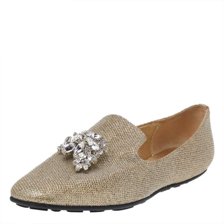 Pre Owned Jimmy Choo Gold Lamé Crystal Embellished Gayne Ballet Flats Size 37