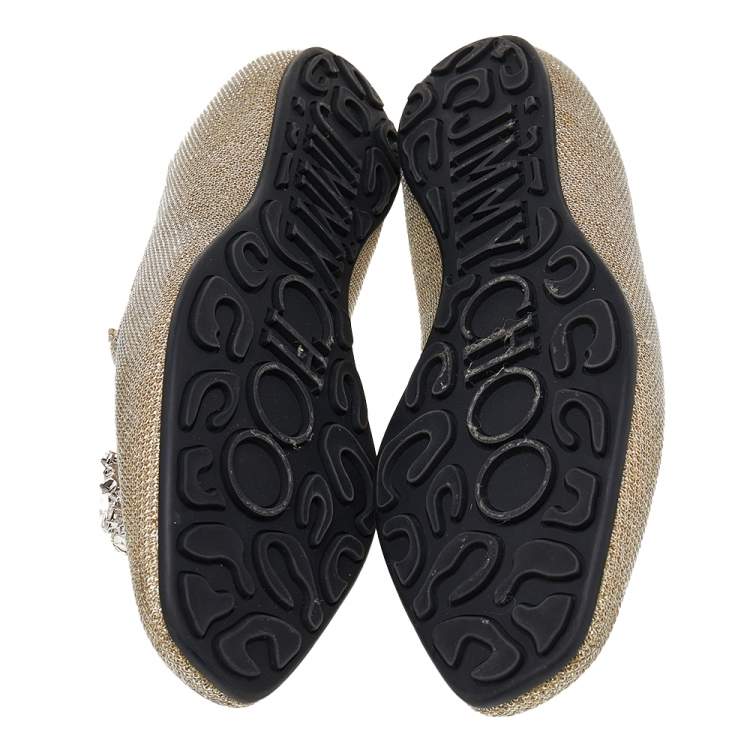 Pre Owned Jimmy Choo Gold Lamé Crystal Embellished Gayne Ballet Flats Size 37