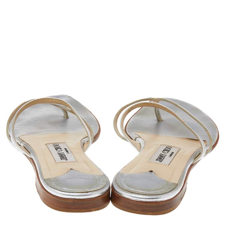 Pre Owned Jimmy Choo Silver Leather Thong Flats Size 38