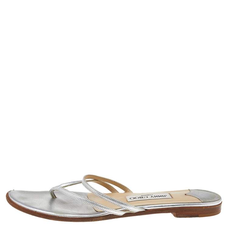 Pre Owned Jimmy Choo Silver Leather Thong Flats Size 38