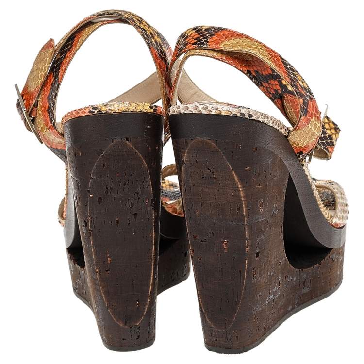 Pre Owned Jimmy Choo Multicolor Python Leather Penelop Wedge Sandals Size 38