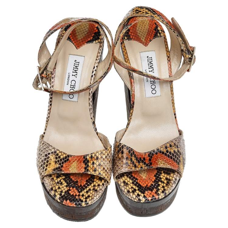 Pre Owned Jimmy Choo Multicolor Python Leather Penelop Wedge Sandals Size 38