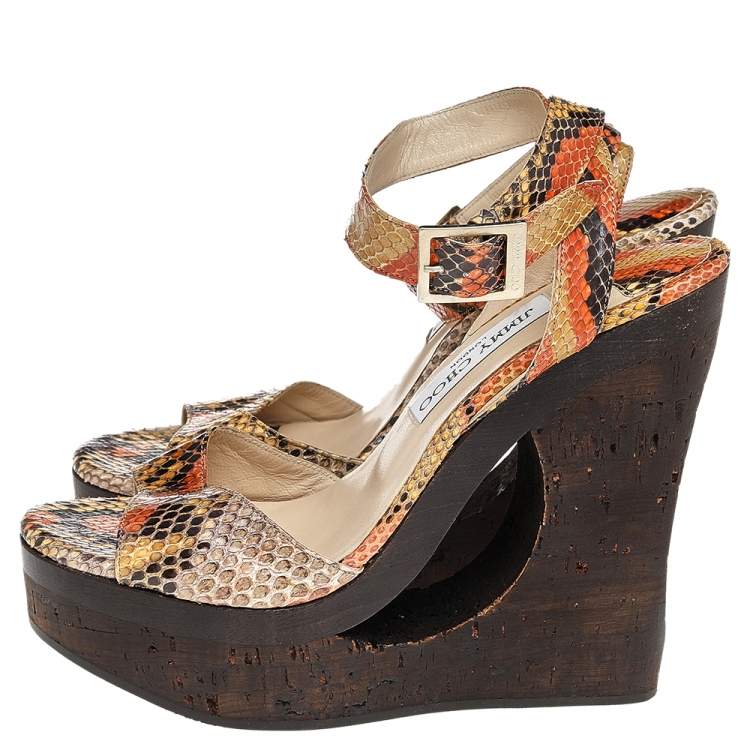 Pre Owned Jimmy Choo Multicolor Python Leather Penelop Wedge Sandals Size 38