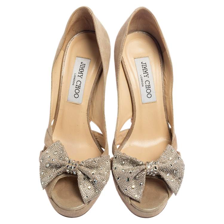 Pre Owned Jimmy Choo Beige Suede Talva Crystal Embellished Bow Peep Toe Platform Pumps Size 37