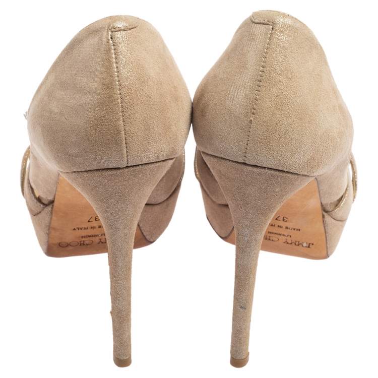 Pre Owned Jimmy Choo Beige Suede Talva Crystal Embellished Bow Peep Toe Platform Pumps Size 37