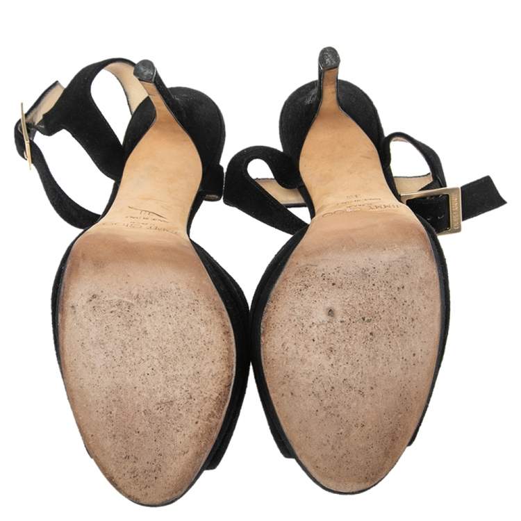 Pre Owned Jimmy Choo Black Suede Peep Toe Ankle Strap Platform Sandals Size 38