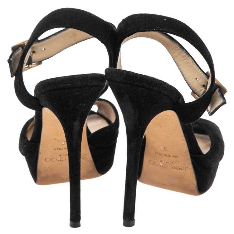 Pre Owned Jimmy Choo Black Suede Peep Toe Ankle Strap Platform Sandals Size 38