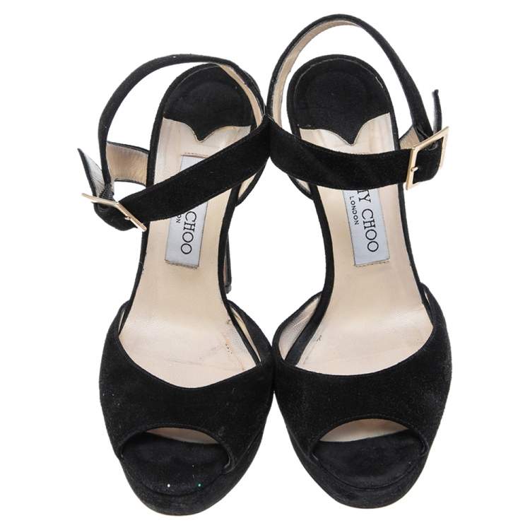 Pre Owned Jimmy Choo Black Suede Peep Toe Ankle Strap Platform Sandals Size 38