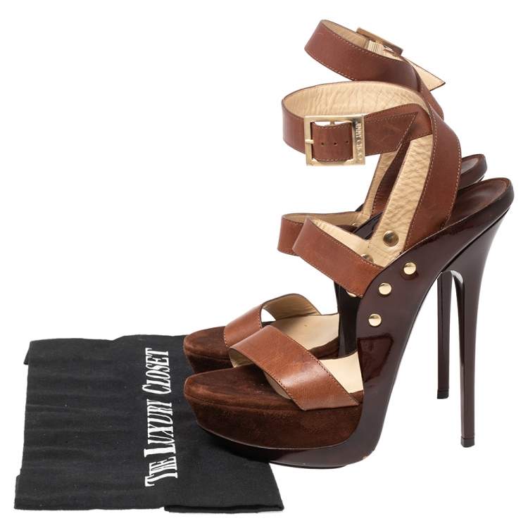 Pre Owned Jimmy Choo Brown Leather and Suede Halley Platform Sandals Size 37.5