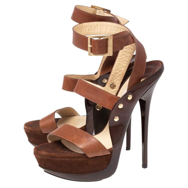 Pre Owned Jimmy Choo Brown Leather and Suede Halley Platform Sandals Size 37.5