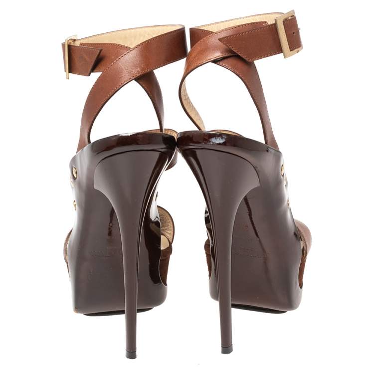 Pre Owned Jimmy Choo Brown Leather and Suede Halley Platform Sandals Size 37.5