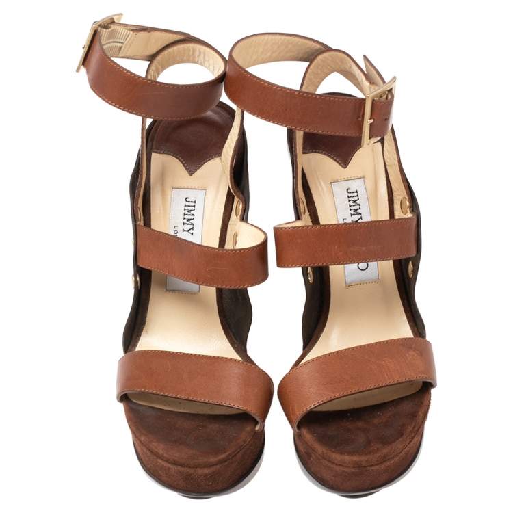 Pre Owned Jimmy Choo Brown Leather and Suede Halley Platform Sandals Size 37.5