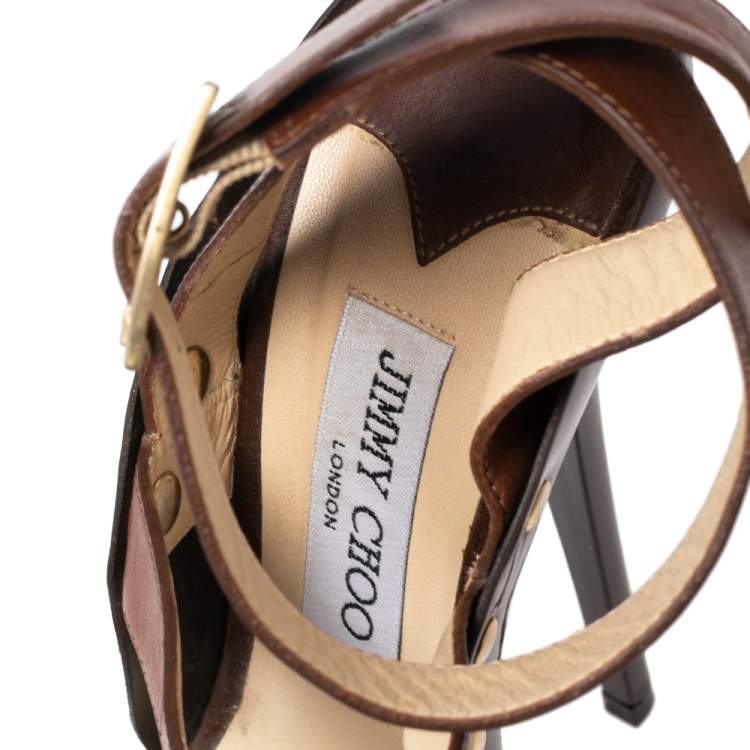 Pre Owned Jimmy Choo Brown Leather and Suede Halley Platform Sandals Size 37.5