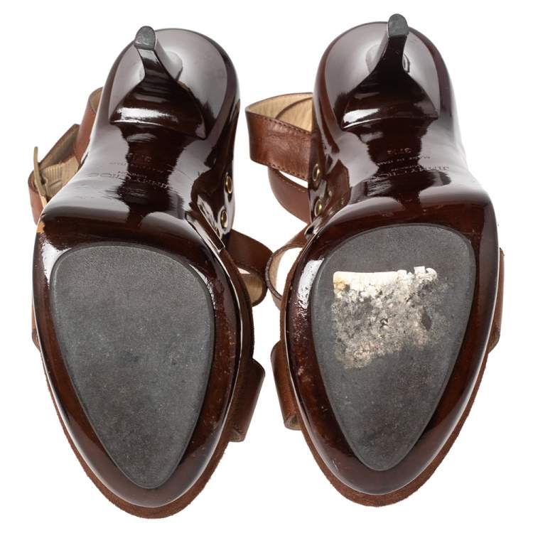 Pre Owned Jimmy Choo Brown Leather and Suede Halley Platform Sandals Size 37.5