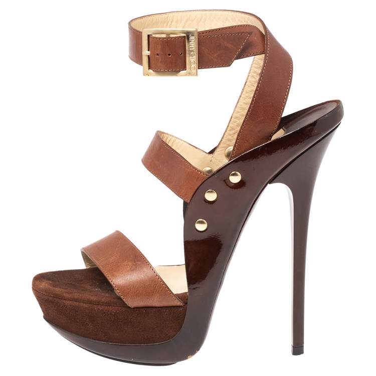 Pre Owned Jimmy Choo Brown Leather and Suede Halley Platform Sandals Size 37.5