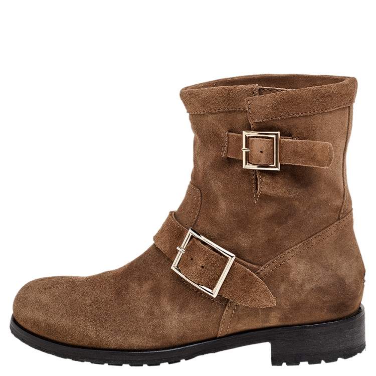 Pre Owned Jimmy Choo Brown Suede Youth Buckle Detail Biker Ankle Length Boots Size 39.5