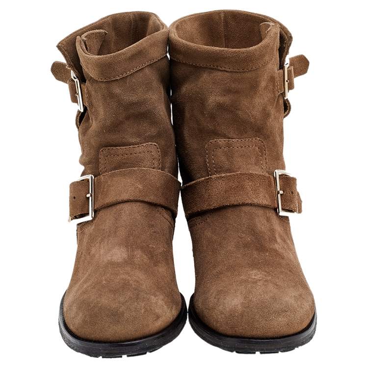 Pre Owned Jimmy Choo Brown Suede Youth Buckle Detail Biker Ankle Length Boots Size 39.5
