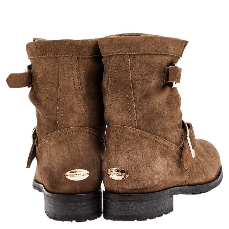 Pre Owned Jimmy Choo Brown Suede Youth Buckle Detail Biker Ankle Length Boots Size 39.5