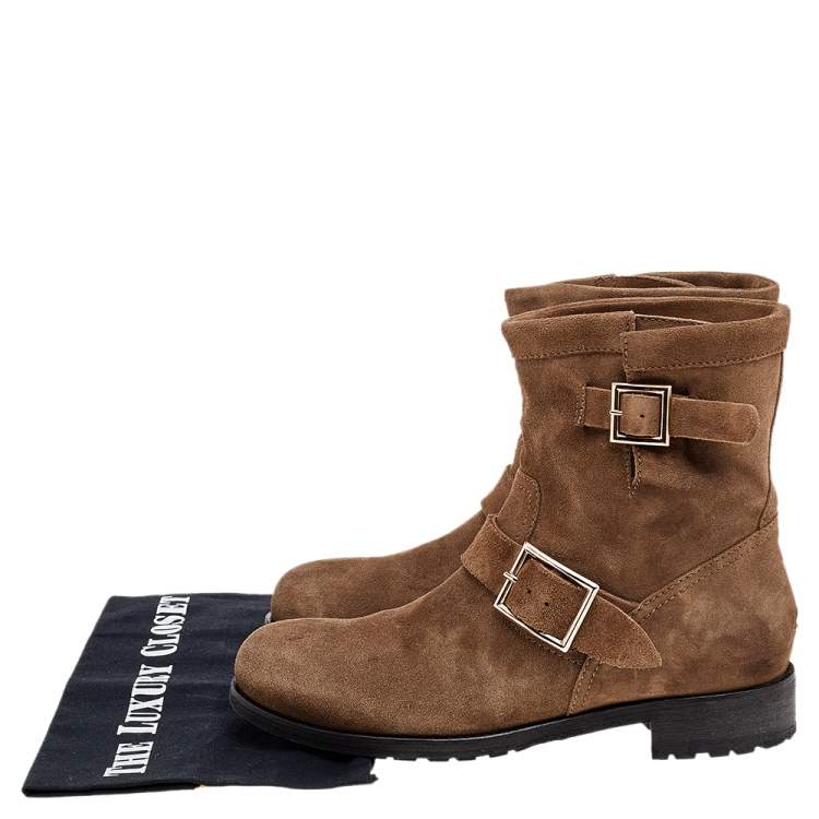 Pre Owned Jimmy Choo Brown Suede Youth Buckle Detail Biker Ankle Length Boots Size 39.5