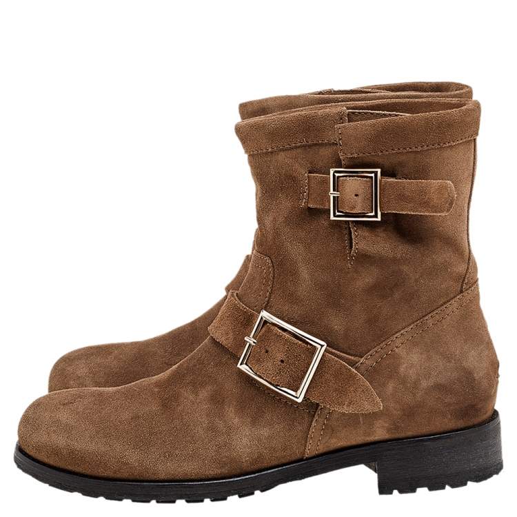 Pre Owned Jimmy Choo Brown Suede Youth Buckle Detail Biker Ankle Length Boots Size 39.5