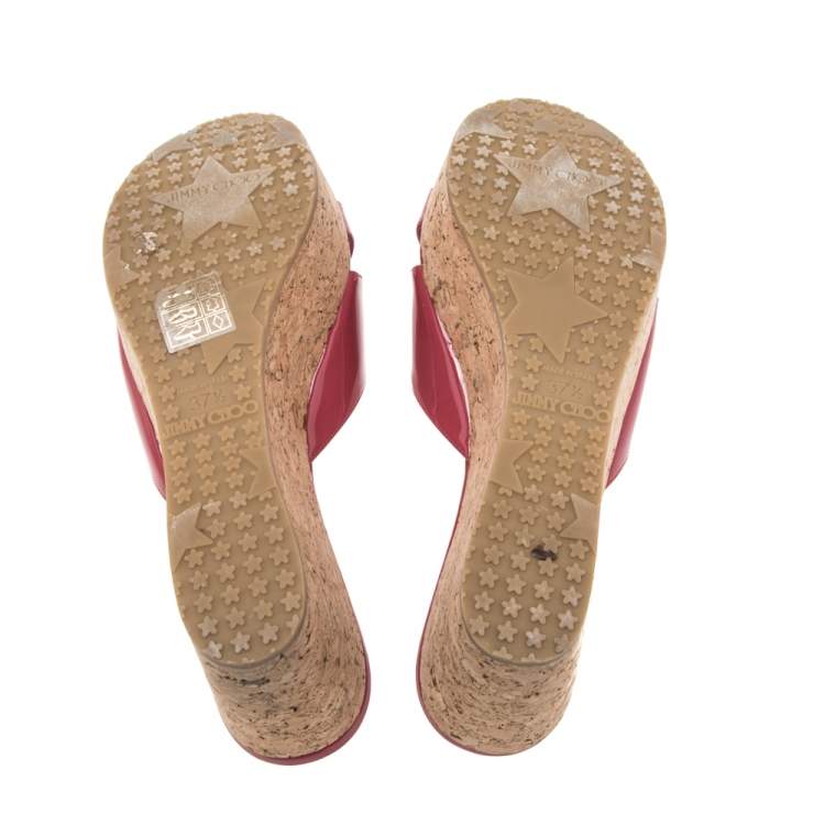 Pre Owned Jimmy Choo Fuchsia Patent Leather Cork Wedge Platform Slide Sandals Size 37.5