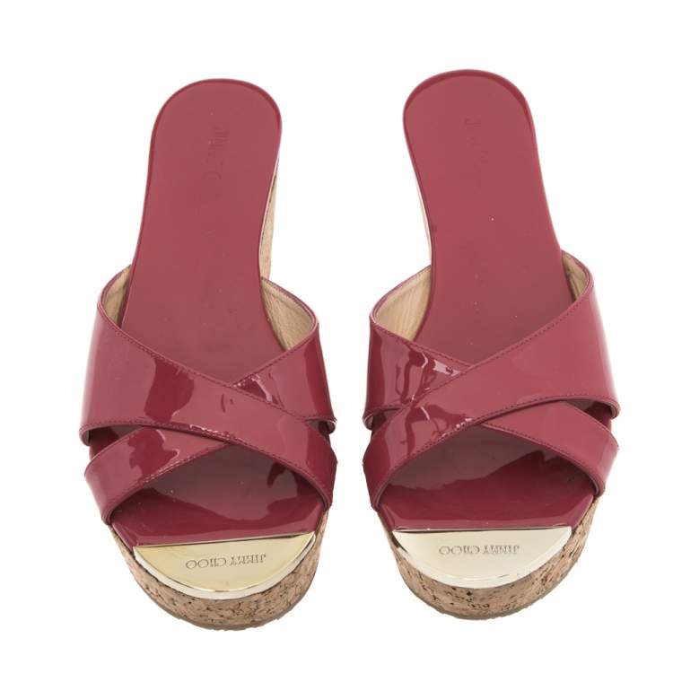 Pre Owned Jimmy Choo Fuchsia Patent Leather Cork Wedge Platform Slide Sandals Size 37.5