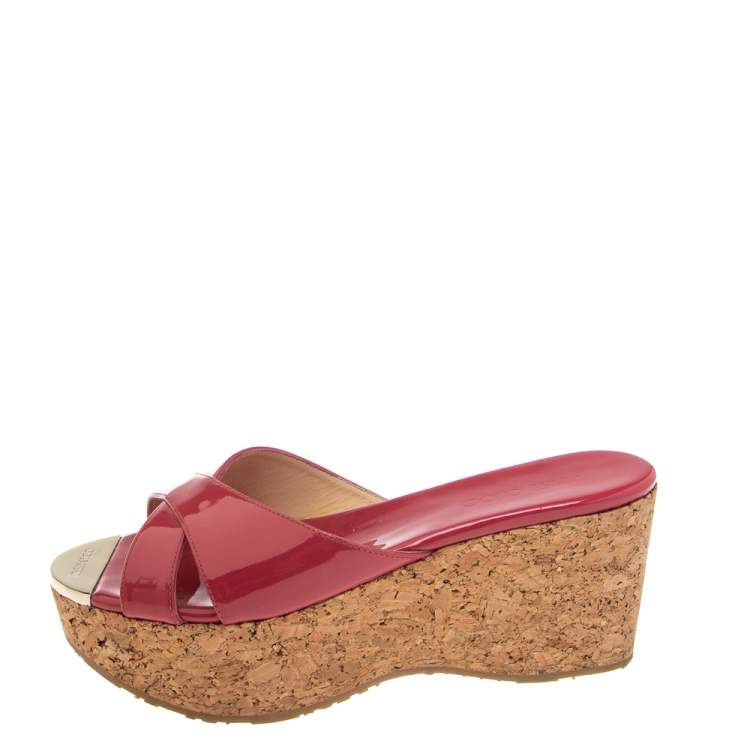 Pre Owned Jimmy Choo Fuchsia Patent Leather Cork Wedge Platform Slide Sandals Size 37.5
