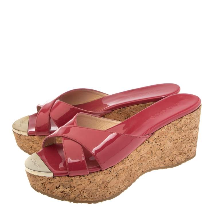 Pre Owned Jimmy Choo Fuchsia Patent Leather Cork Wedge Platform Slide Sandals Size 37.5