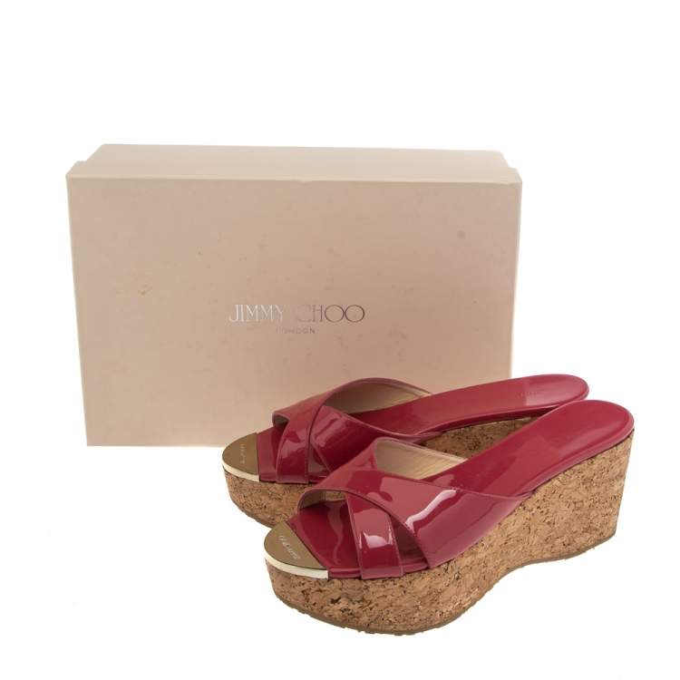 Pre Owned Jimmy Choo Fuchsia Patent Leather Cork Wedge Platform Slide Sandals Size 37.5
