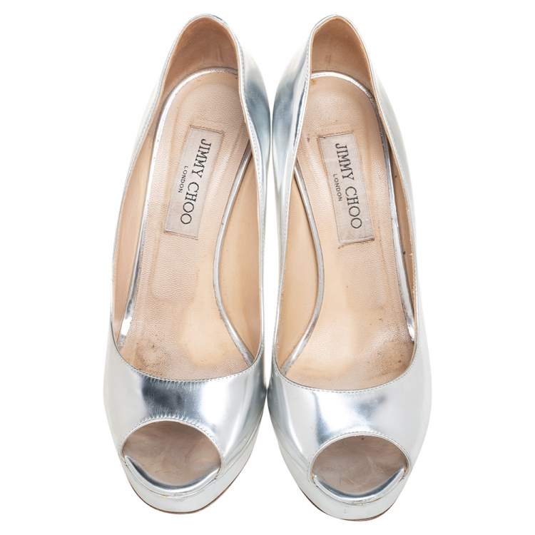 Pre Owned Jimmy Choo Silver Leather Platform Peep Toe Pumps Size 38
