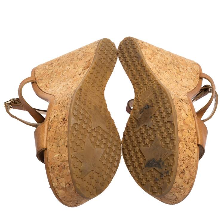 Pre Owned Jimmy Choo Beige/Gold Leather Strappy Cork Wedge Sandals Size 38.5