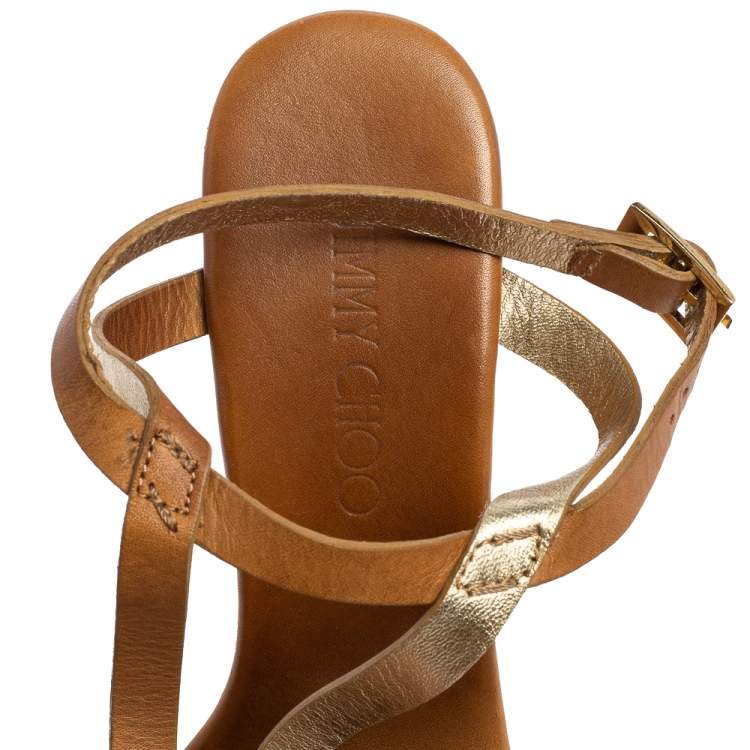 Pre Owned Jimmy Choo Beige/Gold Leather Strappy Cork Wedge Sandals Size 38.5