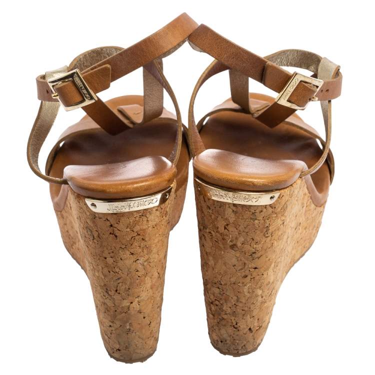Pre Owned Jimmy Choo Beige/Gold Leather Strappy Cork Wedge Sandals Size 38.5