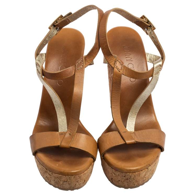 Pre Owned Jimmy Choo Beige/Gold Leather Strappy Cork Wedge Sandals Size 38.5