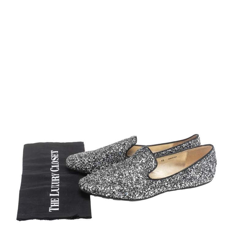 Pre Owned Jimmy Choo Black/Silver Glitter Sloane Smoking Slippers Size 42
