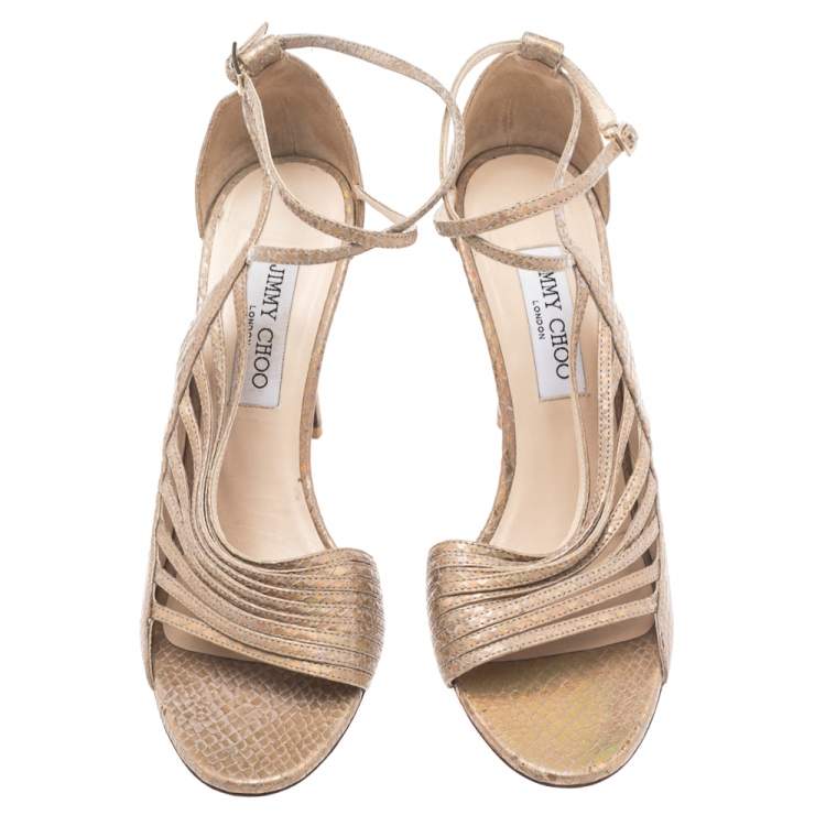 Pre Owned Jimmy Choo Gold Snakeskin Embossed Leather Strappy Open Toe Ankle Strap Sandals Size 39.5