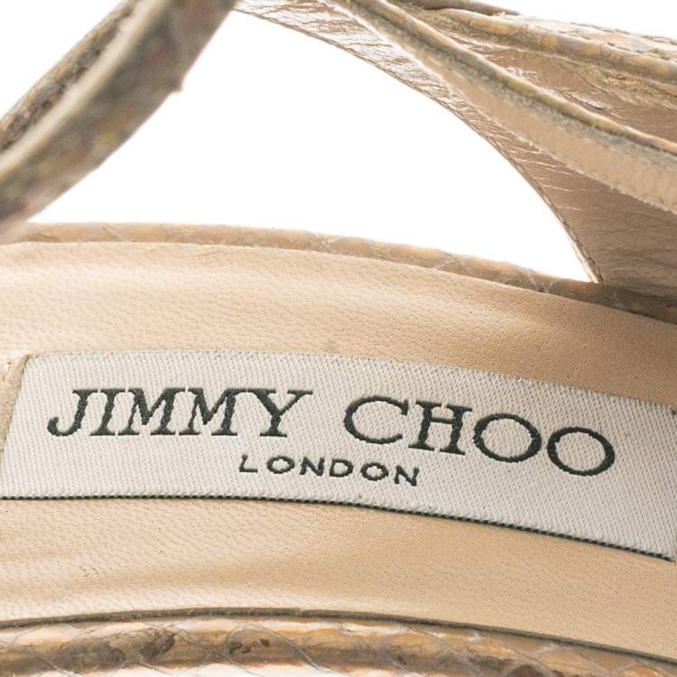 Pre Owned Jimmy Choo Gold Snakeskin Embossed Leather Strappy Open Toe Ankle Strap Sandals Size 39.5