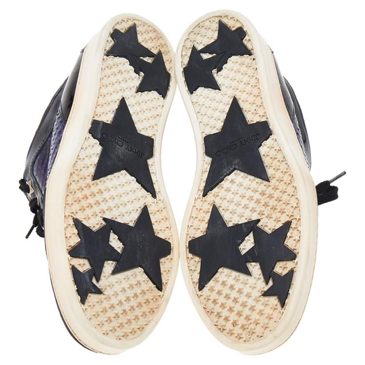 Pre Owned Jimmy Choo Purple/Black Snakeskin Leather, Suede, and Patent Leather Sneakers Size 38