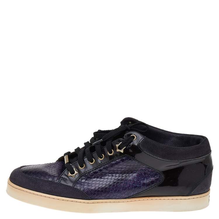 Pre Owned Jimmy Choo Purple/Black Snakeskin Leather, Suede, and Patent Leather Sneakers Size 38