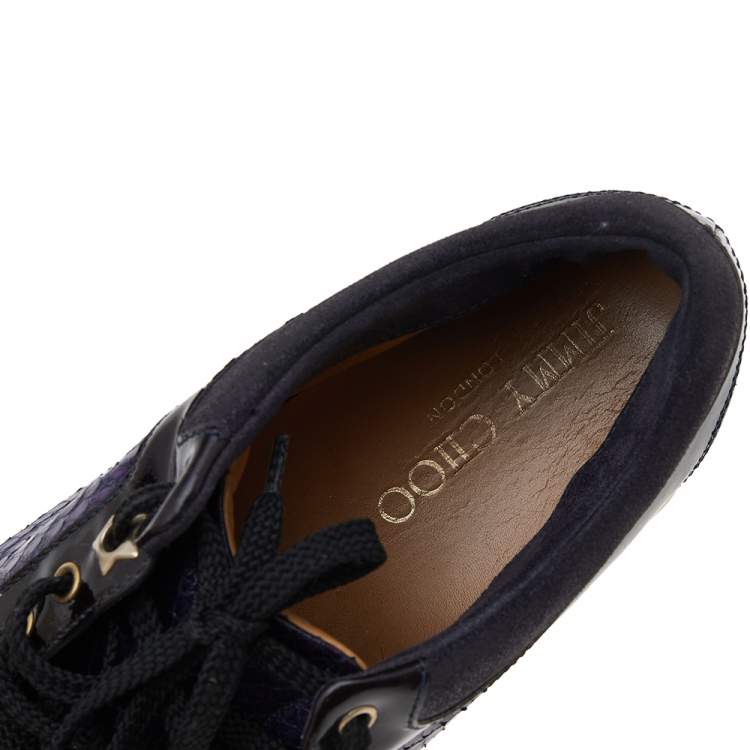 Pre Owned Jimmy Choo Purple/Black Snakeskin Leather, Suede, and Patent Leather Sneakers Size 38