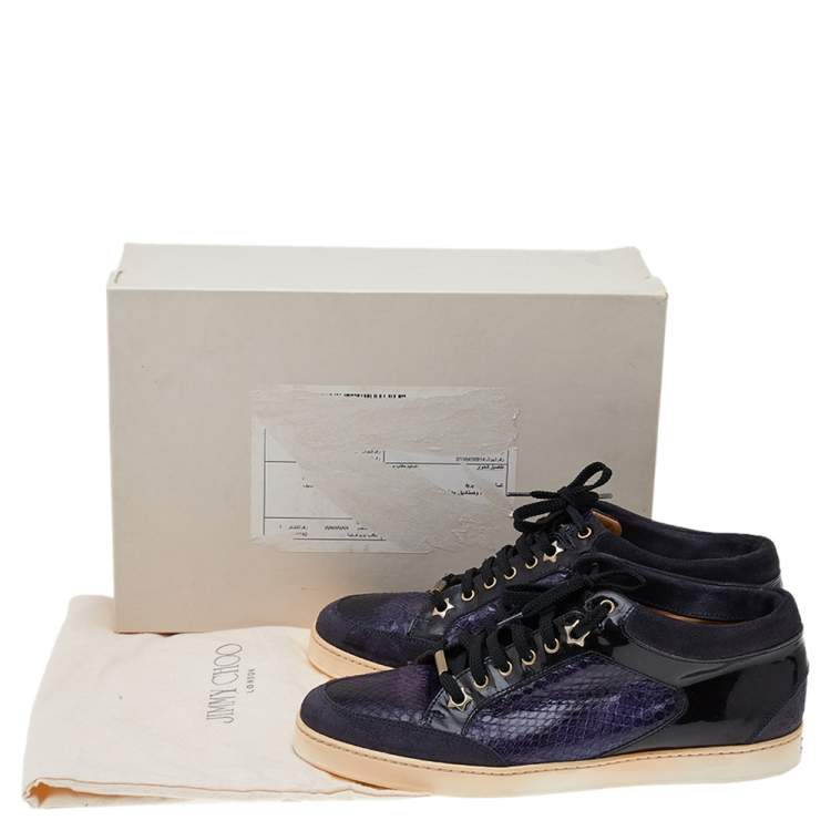Pre Owned Jimmy Choo Purple/Black Snakeskin Leather, Suede, and Patent Leather Sneakers Size 38