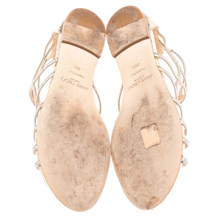 Pre Owned Jimmy Choo Silver/Gold Glitter and Snake Embossed Leather Flats Size 39.5