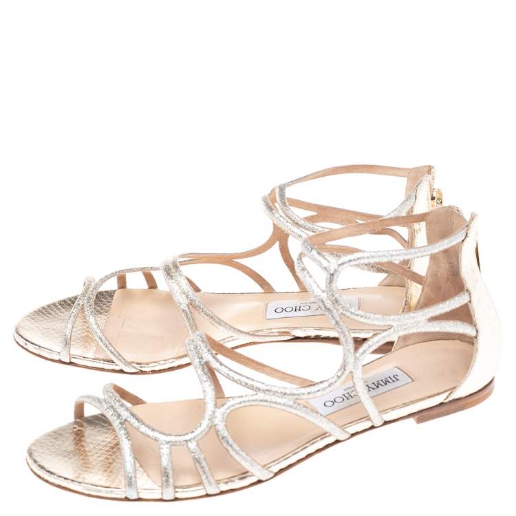 Pre Owned Jimmy Choo Silver/Gold Glitter and Snake Embossed Leather Flats Size 39.5