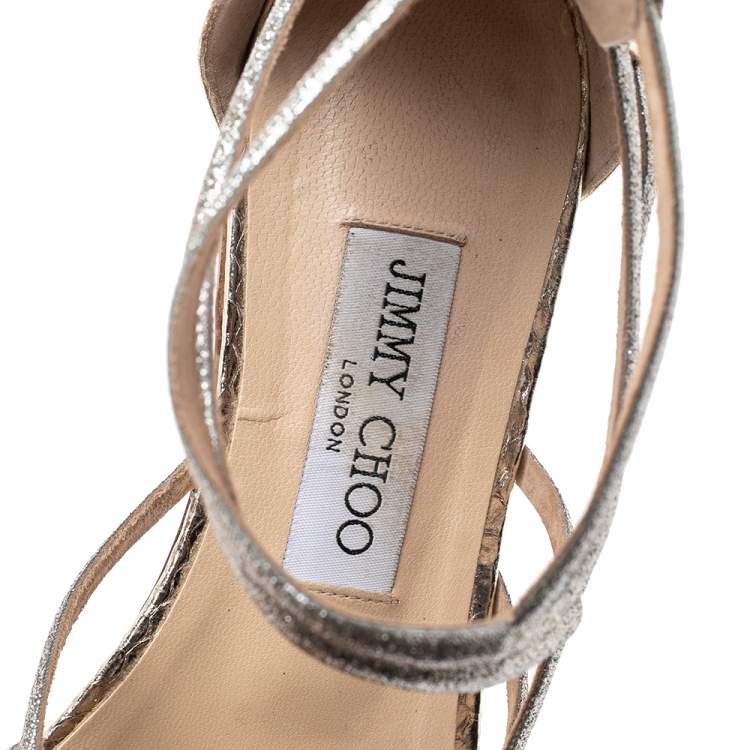 Pre Owned Jimmy Choo Silver/Gold Glitter and Snake Embossed Leather Flats Size 39.5