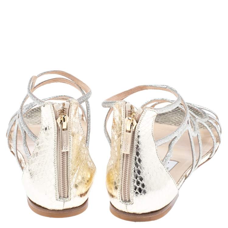 Pre Owned Jimmy Choo Silver/Gold Glitter and Snake Embossed Leather Flats Size 39.5