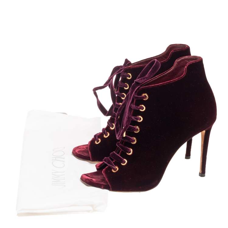 Pre Owned Jimmy Choo Burgundy Velvet Mavy Lace-Up Open Toe Booties Size 38.5