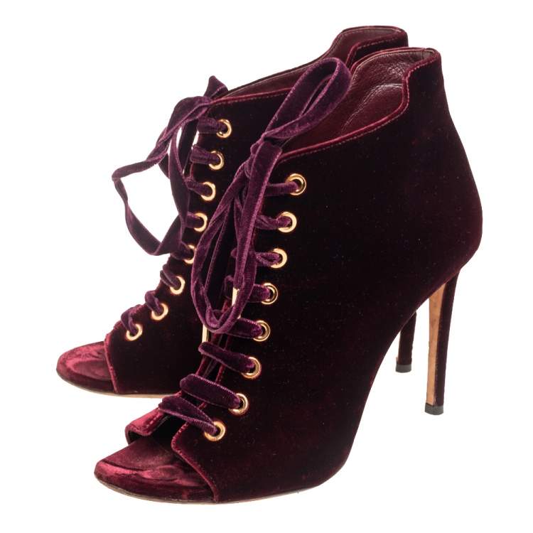 Pre Owned Jimmy Choo Burgundy Velvet Mavy Lace-Up Open Toe Booties Size 38.5