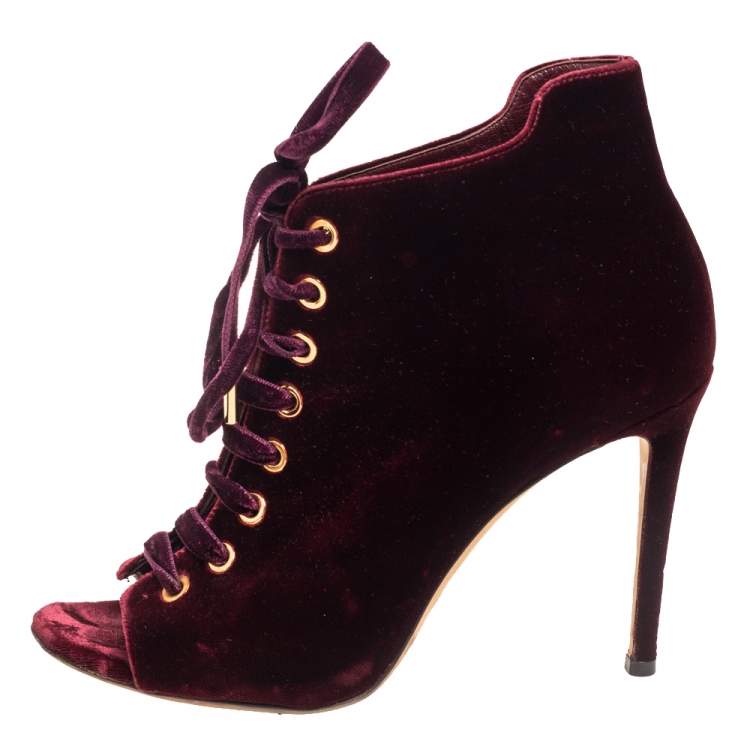 Pre Owned Jimmy Choo Burgundy Velvet Mavy Lace-Up Open Toe Booties Size 38.5