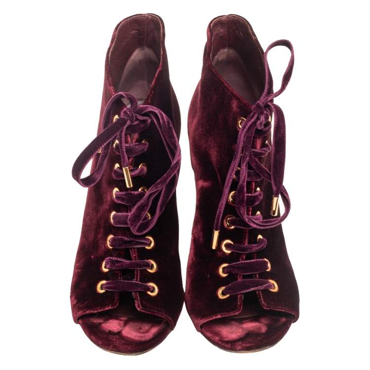 Pre Owned Jimmy Choo Burgundy Velvet Mavy Lace-Up Open Toe Booties Size 38.5