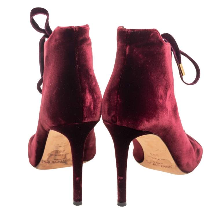 Pre Owned Jimmy Choo Burgundy Velvet Mavy Lace-Up Open Toe Booties Size 38.5